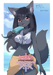 Size: 751x1063 | Tagged: safe, artist:yukina-namagaki, oc, oc only, canine, dog, mammal, anthro, 2023, belly button, bikini, bikini top, black nose, breasts, clothes, commission, detailed background, digital art, ears, eyelashes, female, food, fur, hair, open mouth, popsicle, pose, sarong, solo, solo female, swimsuit, tail, thighs, tongue, wide hips