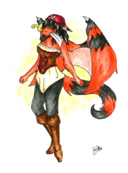 Size: 600x813 | Tagged: safe, artist:kaze, oc, oc only, dragon, fictional species, anthro, 2008, black body, black fur, black hair, boots, clothes, female, fur, hair, holding, mouth hold, pirate, red body, red fur, shoes, solo, solo female, sword, traditional art, weapon