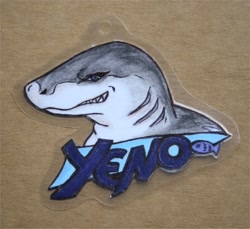 Size: 450x413 | Tagged: safe, artist:kaze, oc, oc only, fish, shark, anthro, 2008, badge, irl, low res, male, photo, photographed artwork, solo, solo male