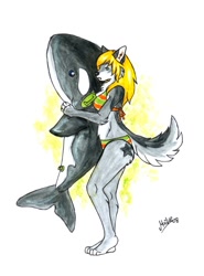 Size: 590x799 | Tagged: safe, artist:kaze, oc, oc only, canine, cetacean, mammal, orca, wolf, anthro, 2008, bikini, blonde hair, clothes, commission, female, fur, gray body, gray fur, hair, holding, holding object, inflatable, plushie, solo, solo female, swimsuit, toy, traditional art