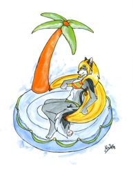 Size: 720x933 | Tagged: safe, artist:kaze, oc, oc only, canine, mammal, wolf, anthro, 2008, bikini, blonde hair, clothes, female, fur, gray body, gray fur, hair, palm tree, plant, solo, solo female, swimsuit, traditional art, tree, water, white body, white fur