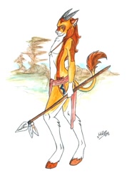 Size: 650x879 | Tagged: safe, artist:kaze, oc, oc only, antelope, bovid, mammal, anthro, 2008, male, solo, solo male, spear, traditional art, weapon