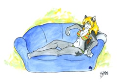 Size: 953x640 | Tagged: safe, artist:kaze, oc, oc only, canine, mammal, anthro, bikini, blonde hair, clothes, commission, couch, female, fur, gray body, gray fur, hair, lying down, solo, solo female, swimsuit, white body, white fur
