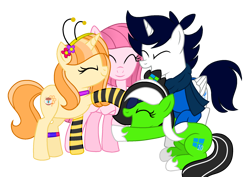 Size: 2000x1413 | Tagged: safe, artist:annete4579, artist:muhammad yunus, oc, oc only, oc:annisa trihapsari, oc:light starole, oc:little bee, oc:teahie, alicorn, earth pony, equine, fictional species, mammal, pony, unicorn, feral, series:the galaxy crystal gems squad, series:the guardian of leadership, friendship is magic, hasbro, my little pony, base used, clothes, eyepatch, eyes closed, female, flower, group, happy, hug, male, mare, plant, quartet, simple background, smiling, socks, stallion, transparent background
