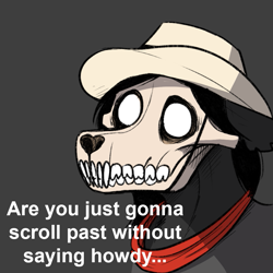 Size: 895x895 | Tagged: safe, artist:keadonger, scp-1471-a (scp), canine, mammal, feral, scp, bandanna, bone, clothes, cowboy hat, female, hat, headwear, howdy, skull, solo, solo female, text
