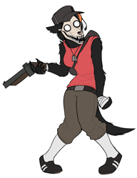 Size: 2587x3361 | Tagged: safe, artist:keadonger, scout (tf2), scp-1471-a (scp), canine, mammal, anthro, scp, team fortress 2, valve, bone, bottomwear, breasts, clothes, cosplay, dog tags, female, gun, hand wraps, hat, headphones, headset, headwear, pants, shoes, shotgun, simple background, skull, solo, solo female, tank top, topwear, weapon, wraps