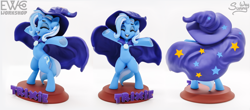 Size: 2000x880 | Tagged: safe, artist:mrsoldat, artist:sunny way, artist:v747, trixie (mlp), equine, fictional species, mammal, pony, unicorn, feral, friendship is magic, hasbro, my little pony, 2023, 3d print, 3d printing, artwork, bipedal, cape, cloak, clothes, craft, ewc workshop, eyelashes, eyes closed, figurine, hair, happy, hat, headwear, horn, irl, mane, painting, photo, sculpture, solo, star, statue, tail