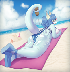 Size: 1895x1945 | Tagged: suggestive, artist:atherol, oc, oc only, fictional species, reptile, serperior, anthro, nintendo, pokémon, 2023, beach, beach blanket, bikini, blue body, blue hair, blushing, breast squish, breasts, butt, cameltoe, clothes, commission, digital art, ears, eyelashes, female, glasses, hair, high heels, looking at you, looking back, looking back at you, lying down, nudity, partial nudity, pose, purple eyes, rear view, scales, shoes, sideboob, sling bikini, solo, solo female, starter pokémon, sunscreen, swimsuit, tail, thighs, wide hips