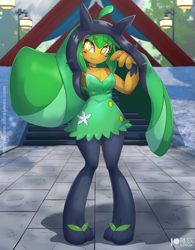 Size: 1121x1435 | Tagged: safe, artist:rilexlenov, fictional species, anthro, digitigrade anthro, nintendo, pokémon, spoiler:pokémon gen 9, spoiler:pokémon scarlet and violet, 2023, armpits, bottomwear, breasts, clothes, detailed background, digital art, dress, ears, eyelashes, female, hair, looking at you, ogerpon, pose, solo, solo female, tail, teal mask ogerpon, thighs, wide hips