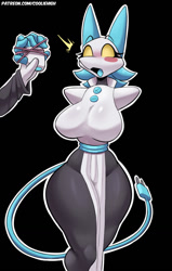 Size: 816x1280 | Tagged: safe, artist:cooliehigh, tasque manager (deltarune), android, cat, feline, fictional species, mammal, robot, anthro, deltarune, spoiler:deltarune chapter 2, 2022, big breasts, blushing, bottomwear, breasts, clothes, digital art, dress, ears, eyelashes, female, hair, open mouth, pose, simple background, solo, solo female, tail, thighs, tongue, wide hips