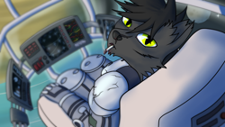 Size: 3200x1800 | Tagged: safe, artist:tunrae, oc, oc only, canine, mammal, wolf, anthro, chair, cigarette, commission, looking at you, looking back, looking back at you, male, planet, scar, smoking, solo, space, spaceship, spacesuit, vehicle, yellow eyes