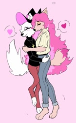 Size: 800x1280 | Tagged: safe, artist:puppychan, oc, oc:magna (puppychan), oc:tammy (puppychan), canine, fox, mammal, maned wolf, anthro, duo, duo female, female, female/female, females only, hair, pink background, pink hair, romantic couple, shipping, simple background, witch