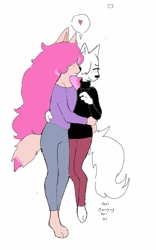 Size: 800x1280 | Tagged: safe, artist:puppychan, oc, oc only, oc:magna (puppychan), oc:tammy (puppychan), canine, fox, mammal, maned wolf, anthro, duo, duo female, female, female/female, females only, hair, pink background, pink hair, romantic couple, shipping, simple background