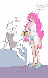 Size: 800x1280 | Tagged: safe, artist:puppychan, oc, oc:magna (puppychan), oc:tammy (puppychan), canine, fox, mammal, maned wolf, anthro, bed, duo, duo female, english text, female, females only, food, hair, open mouth, open smile, pancakes, pink hair, smiling, talking, text, witch
