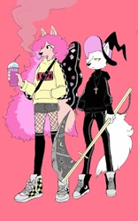 Size: 800x1280 | Tagged: safe, artist:puppychan, oc, oc:magna (puppychan), oc:tammy (puppychan), canine, fox, mammal, maned wolf, anthro, duo, duo female, female, females only, hair, pink background, pink hair, simple background, witch