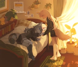 Size: 2048x1754 | Tagged: safe, artist:youjyo1223, oc, oc only, canine, cat, dog, feline, mammal, anthro, barefoot, bed, blonde hair, bottomwear, clothes, duo, ears, feet, female, fur, gray body, gray fur, gray hair, hair, indoors, kemono, paws, plant, school uniform, skirt, tail, tan body, tan fur, text, topwear