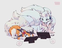 Size: 1537x1187 | Tagged: safe, artist:yereren, oc, oc only, oc:kyuu (kyuukon), oc:soulsong (soulsongrocs), alolan ninetales, dusk lycanroc, fictional species, lycanroc, mammal, ninetales, feral, nintendo, pokémon, 2023, angry, blue eyes, cheek fluff, chest fluff, claws, clothes, drawing, drawing tablet, duo, duo male and female, ear fluff, ear piercing, earring, female, flower, flower in hair, fluff, fur, hair, hair accessory, male, multiple tails, orange body, orange fur, paws, piercing, plant, scarf, simple background, tail, tail fluff, teal eyes, watermark, white background, white body, white fur