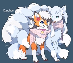 Size: 3485x3000 | Tagged: safe, artist:rinrinwolf, oc, oc only, oc:kyuu (kyuukon), oc:soulsong (soulsongrocs), alolan ninetales, dusk lycanroc, fictional species, lycanroc, mammal, ninetales, feral, nintendo, pokémon, blue eyes, cheek fluff, chest fluff, claws, clothes, collar, duo, duo male and female, ear fluff, ear piercing, earring, female, flower, flower in hair, fluff, fur, hair, hair accessory, male, multicolored fur, multiple tails, orange body, orange fur, paw pads, paws, pet tag, piercing, plant, scarf, signature, simple background, tail, tail fluff, teal eyes, white body, white fur