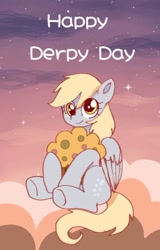 Size: 542x845 | Tagged: safe, artist:jaanhavi, derpy hooves (mlp), equine, fictional species, mammal, pegasus, pony, feral, friendship is magic, hasbro, my little pony, 2023, blonde hair, blonde mane, blonde tail, derpy day, feathered wings, feathers, female, food, giant muffin, gray body, hair, mane, mare, muffin, solo, solo female, tail, wings