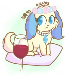 Size: 1705x1994 | Tagged: safe, artist:chicag_no, sapphie (jewelpet), canine, cavalier king charles spaniel, dog, mammal, spaniel, jewelpet (sanrio), sanrio, alcohol, drink, ears, pillow, tail, wine