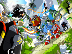 Size: 1024x768 | Tagged: safe, artist:nextgrandcross, classic knuckles, classic sonic, knuckles the echidna (sonic), sonic the hedgehog (sonic), badnik, echidna, fictional species, hedgehog, mammal, monotreme, robot, anthro, sega, sonic the hedgehog (series), black eyes, black nose, blue body, blue fur, clothes, cloud, fur, gloves, quills, red body, red fur, shoes, sky, sky sanctuary (sonic), sky sanctuary zone, smiling, sonic the hedgehog 3