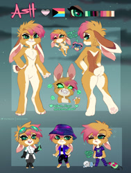 Size: 970x1280 | Tagged: safe, artist:skeleion, oc, oc only, lagomorph, mammal, rabbit, anthro, digitigrade anthro, 2022, bottomwear, butt, clothes, commission, crop top, digital art, ears, eyelashes, female, fur, hair, hat, headwear, lab coat, legwear, midriff, pants, pose, rear view, reference sheet, shirt, solo, solo female, stockings, tail, thighs, topwear, wide hips
