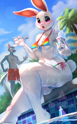 Size: 622x1000 | Tagged: suggestive, artist:skeleion, haru (beastars), legoshi (beastars), canine, lagomorph, mammal, rabbit, wolf, anthro, digitigrade anthro, beastars, 2021, belly button, bikini, bottomwear, breasts, cameltoe, clothes, detailed background, digital art, dippin' dots, duo, duo male and female, ears, eyelashes, female, food, fur, harushi (beastars), ice cream, ice cream cone, male, partial nudity, pecs, pose, shorts, sitting, swimming pool, swimsuit, tail, thighs, topless, wide hips