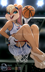 Size: 627x1000 | Tagged: safe, artist:skeleion, lola bunny (looney tunes), lagomorph, mammal, rabbit, anthro, looney tunes, space jam, warner brothers, 2020, ball, basketball, basketball hoop, basketball uniform, bedroom eyes, breasts, butt, clothes, crop top, detailed background, digital art, ears, eyelashes, female, fur, gloves, hair, open mouth, pink nose, pose, solo, solo female, tail, thighs, tongue, topwear, wide hips