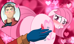 Size: 1811x1080 | Tagged: suggestive, artist:muhammad yunus, rex salazar (generator rex), oc, oc:annisa trihapsari, earth pony, equine, fictional species, human, mammal, pony, feral, cartoon network, friendship is magic, generator rex, hasbro, my little pony, annibutt, big butt, blushing, butt, butt tickle, clothes, crossover, duo, female, floppy ears, gloves, grin, gritted teeth, hair, happy, heart background, huge butt, human/feral, interspecies, male, male/female, mane, pink body, pink hair, pink mane, pink tail, smiling, speech bubble, tail, teeth, tickling, watermark