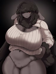 Size: 3000x4000 | Tagged: safe, artist:taphris, bovid, caprine, mammal, sheep, anthro, 2023, breasts, clothes, female, fluff, huge breasts, neck fluff, solo, solo female, sweater, thick thighs, thighs, topwear, wide hips