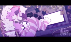 Size: 2048x1201 | Tagged: safe, artist:sourbeefio, oc, oc only, oc:kinozel, fictional species, lycanroc, mammal, anthro, nintendo, pokémon, 2023, black border, border, chair, cheek fluff, claws, clothes, computer, fangs, flower, flower in hair, fluff, fur, hair, hair accessory, head fluff, indoors, legs up, lights, looking at you, looking back, monitor, multicolored fur, open mouth, paws, phone, plant, purple body, purple eyes, purple fur, sharp teeth, signature, sitting, socks, solo, sticker, sticky note, sweat, table, teeth, white body, white fur