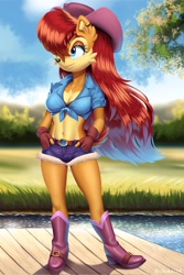 Size: 1364x2048 | Tagged: safe, artist:s3tok41b4, princess sally acorn (sonic), chipmunk, mammal, rodent, archie sonic the hedgehog, sega, sonic the hedgehog (series), boots, bottomwear, clothes, cowgirl outfit, female, front knot midriff, midriff, shirt, shoes, short shorts, shorts, solo, solo female, topwear