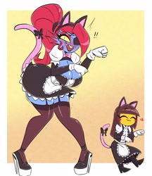 Size: 1770x2048 | Tagged: suggestive, artist:nelljoestar, frisk (undertale), undyne (undertale), fictional species, fish, human, mammal, monster, piranha, anthro, undertale, ambiguous gender, big breasts, blush sticker, blushing, breasts, cat ears, cleavage, clothes, cute, duo, embarrassed, eyepatch, eyes closed, fake ears, fake tail, female, fins, french maid, garter belt, gloves, hair, high heels, leaning forward, legwear, looking at you, maid outfit, ponytail, shoes, smiling, stockings, thigh highs, white gloves