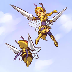 Size: 512x512 | Tagged: safe, artist:hitec, arthropod, beedrill, fictional species, human, insect, mammal, feral, nintendo, pokémon, 1:1, alternate species, antennae, armor, beady eyes, beedrill costume, bipedal, black body, black eyebrows, blonde hair, blue sky, braid, breastplate, clothes, cloud, cloudscape, cosplay, costume, day, duo, exoskeleton, eyebrows, fake antennae, fake wings, female, flying, footwear, generation 1 pokemon, gold (metal), gold armor, hair, humanized, hymenopteran, insect wings, legwear, long hair, mini me, multicolored body, multicolored exoskeleton, on model, open mouth, outdoors, plate armor, pokémon costume, purple antennae, purple clothing, purple legwear, purple topwear, red eyes, skin, sky, species swap, stinger, striped body, stripes, tan body, tan ears, tan skin, thin eyebrows, topwear, two toned body, wings, yellow body