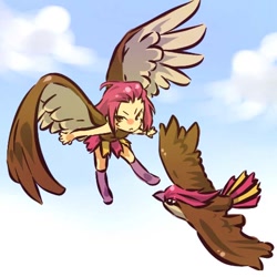 Size: 512x512 | Tagged: safe, artist:hitec, bird, fictional species, human, mammal, pidgeotto, feral, nintendo, pokémon, 1:1, 5 fingers, alternate species, animal costume, beak, bipedal, bird costume, black eyebrows, blue sky, brown body, brown eyes, brown feathers, brown wings, clothes, cloud, cloudscape, colored wings, cosplay, costume, day, duo, eyebrows, feather hair, feathered wings, feathers, featureless feet, female, fingers, flying, footwear, frowning, generation 1 pokemon, gray body, gray feathers, grey wings, hair, humanized, legwear, long hair, looking at you, mini me, multicolored body, multicolored feathers, multicolored wings, on model, outdoors, pidgeotto costume, pink body, pink feathers, pink hair, pokémon costume, pseudo hair, purple beak, purple clothing, purple footwear, purple legwear, skin, sky, species swap, spread arms, spread wings, tail, tail feathers, tan body, tan ears, tan skin, thigh highs, thin eyebrows, two tone wings, wings, yellow body, yellow feathers