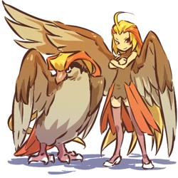 Size: 512x512 | Tagged: safe, artist:hitec, bird, fictional species, human, mammal, pidgeot, feral, nintendo, pokémon, 1:1, ahoge, alternate species, beak, bipedal, bird feet, black eyebrows, blonde hair, brown body, brown eyes, brown feathers, brown wings, claws, clothes, colored wings, cosplay, costume, countershading, crossed arms, duo, eyebrows, feather hair, feathered wings, feathers, female, footwear, generation 1 pokemon, gray body, gray feathers, grey countershading, grey wings, hair, high heels, humanized, legwear, long hair, looking at you, multicolored body, multicolored feathers, multicolored hair, multicolored wings, on model, orange body, orange feathers, orange hair, pidgeot costume, pokémon costume, pseudo hair, purple clothing, purple legwear, purple stockings, shoes, simple background, skin, smiling, species swap, standing, stockings, tail, tail feathers, talons, tan body, tan skin, thin eyebrows, two tone wings, two toned hair, white background, white clothing, white footwear, white shoes, wings