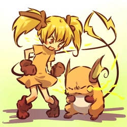 Size: 512x512 | Tagged: safe, artist:hitec, fictional species, human, mammal, raichu, rodent, feral, nintendo, pokémon, 1:1, alternate species, bangs, belly, bipedal, black eyebrows, black tail, blonde hair, body markings, bottomwear, brown body, brown clothing, brown ears, brown eyes, brown footwear, brown fur, brown gloves, brown handwear, clothes, cosplay, countershading, dress, duo, electricity, eyebrows, eyes closed, female, footwear, front view, fully clothed, fur, generation 1 pokemon, gloves, gloves (arm marking), gradient background, hair, handwear, humanized, knees together, long tail, looking down, multicolored body, multicolored ears, multicolored fur, multicolored tail, on model, open mouth, orange body, orange clothing, orange dress, orange fur, orange topwear, pigtails, pokemon (species), simple background, skin, sparks, species swap, tail, tan body, tan skin, thin eyebrows, topwear, two tone ears, two toned tail, white belly, white body, white countershading, white fur, yellow cheeks, yellow ears, yellow tail