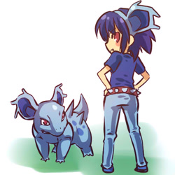 Size: 512x512 | Tagged: safe, artist:hitec, fictional species, human, mammal, nidorina, feral, nintendo, pokémon, 1:1, accessory, alternate species, ambiguous gender, belt, bipedal, black eyebrows, blue body, blue bottomwear, blue clothing, blue ears, blue footwear, blue hair, blue pants, blue shirt, blue spikes, blue tail, blue topwear, bottomwear, clothes, cosplay, denim, denim clothing, duo, eyebrow through hair, eyebrows, fake ears, fake pokemon ears, footwear, fully clothed, generation 1 pokemon, hair, hair accessory, hand on hip, humanized, jeans, legwear, looking at you, looking back, on model, pants, pokemon (species), purple hair, quadruped, rear view, red belt, red eyes, shirt, short hair, simple background, skin, species swap, spiked belt, spikes, standing, t-shirt, tail, tan body, tan ears, tan skin, thin eyebrows, topwear, translucent, white background