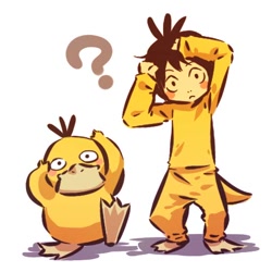 Size: 512x512 | Tagged: safe, artist:hitec, bird, duck, fictional species, human, mammal, psyduck, waterfowl, feral, nintendo, pokémon, 1:1, alternate species, anatid, anseriform, beak, belly, bipedal, black eyes, brown hair, clothes, cosplay, costume, dot eyes, duo, fake tail, front view, frowning, fur, generation 1 pokemon, hair, hand on head, humanized, light body, light skin, looking at you, male, one eye closed, outline, pokemon (species), pokémon costume, question mark, short hair, simple background, species swap, standing, tail, text, text box, two tone ears, whiskers, white background, white body, white ears, white fur, white outline, white tail, winking, yellow beak, yellow belly, yellow body, yellow skin