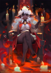 Size: 2893x4092 | Tagged: safe, artist:ladyshalirin, lamb (cult of the lamb), bovid, caprine, lamb, mammal, sheep, anthro, cult of the lamb, 2023, absolute cleavage, bell, breasts, candle, cleavage, clothes, crossed legs, high heels, horns, looking at you, magic aura, shoes, signature, sitting, smiling, throne