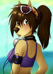 Size: 432x600 | Tagged: safe, artist:wolfroxy, oc, oc only, anthro, beach, beige fur, brown eyes, brown hair, brown nose, clothes, commission, crop top, female, glasses, glasses on head, hair, headphones, headwear, midriff, mp3 player, ponytail, solo, solo female, sports bra, sportswear, summer, sunglasses, sunglasses on head, topwear