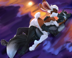 Size: 1280x1026 | Tagged: suggestive, alternate version, artist:skeleion, oc, oc only, oc x oc, oc:lily (ralenfox), canine, fox, lagomorph, mammal, rabbit, anthro, digitigrade anthro, 2019, anthro/anthro, bedroom eyes, belly button, black body, black fur, breasts, brown body, brown fur, butt, commission, detailed background, digital art, duo, duo male and female, ears, eyelashes, eyes closed, featureless crotch, female, fur, hair, kissing, male, male/female, paw pads, paws, pose, rear view, shipping, sideboob, tail, thighs, white body, white fur, wide hips