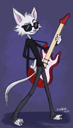 Size: 900x1583 | Tagged: safe, artist:dimabelle, cat, feline, mammal, anthro, rock dog, 2017, angus scattergood (rock dog), bottomwear, clothes, ears, electric guitar, fur, glasses, guitar, musical instrument, pants, paws, purple background, signature, simple background, solo, sunglasses, tail, topwear, white body, white fur