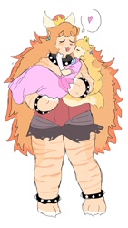Size: 720x1280 | Tagged: safe, artist:puppychan, bowser (mario), princess peach (mario), big cat, cat, feline, mammal, tiger, anthro, mario (series), nintendo, 2018, 9:16, alternate species, anklet, bipedal, black clothing, blonde hair, blue clothing, blush lines, blushing, body markings, bottomwear, bowsette (mario), bracelet, claws, clothes, collar, crown, dress, duo, duo female, eyelashes, eyes closed, fangs, female, female/female, females only, fur, grey clothing, hair, headgear, headwear, high res, horn, jewelry, kissing, legband, meme, multicolored body, multicolored fur, multicolored tail, open mouth, orange body, orange fur, orange hair, pantherine, paws, pink clothing, red clothes, regalia, sharp teeth, slightly chubby, smiling, spiked ankleband, spiked anklet, spiked bracelet, spiked collar, spiked legband, spikes, striped body, striped fur, striped markings, stripes, super crown, tail, tan body, tan fur, tan tail, teeth, thick thighs, thighs, two toned body, two toned fur, two toned tail, white clothing, wide hips, yellow body, yellow clothing, yellow fur, yellow tail