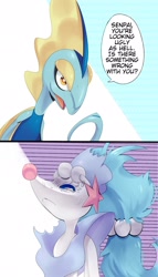 Size: 1174x2048 | Tagged: safe, artist:psibunny, fictional species, inteleon, primarina, anthro, feral, beastars, nintendo, pokémon, 2021, ambiguous gender, ambiguous only, comic, death stare, dialogue, digital art, duo, duo ambiguous, ears, eyelashes, hair, looking at you, mocking, open mouth, pink nose, pose, reference, starter pokémon, talking, text, this will end in death, this will end in pain, this will not end well, tongue, uh-oh, unamused
