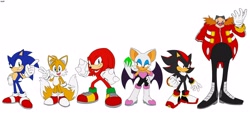 Size: 4096x1862 | Tagged: safe, artist:branflakes, doctor eggman (sonic), knuckles the echidna (sonic), miles "tails" prower (sonic), rouge the bat (sonic), shadow the hedgehog (sonic), sonic the hedgehog (sonic), bat, canine, echidna, fox, hedgehog, human, mammal, monotreme, red fox, anthro, plantigrade anthro, sega, sonic the hedgehog (series), 2023, arm behind back, black body, black fur, blue body, blue eyes, blue fur, boots, chaos emerald, cheek fluff, chest fluff, clothes, evil grin, eyelashes, female, fluff, full body, fur, gesture, gloves, goggles, green eyes, grin, height difference, high heel boots, high heels, high res, holding, holding object, looking at you, male, multiple tails, peace sign, quills, red body, red eyes, red fur, shoes, simple background, smiling, smiling at you, tail, two tails, white background, wings, yellow body, yellow fur