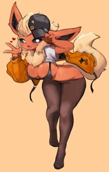 Size: 756x1200 | Tagged: suggestive, artist:yoru_vida, eeveelution, fictional species, flareon, mammal, anthro, nintendo, pokémon, 2023, bent over, big breasts, bikini, bikini top, black nose, breasts, clothes, digital art, ears, eyelashes, female, fluff, fur, hair, legwear, looking at you, neck fluff, pose, simple background, solo, solo female, stockings, swimsuit, tail, thighs, wide hips