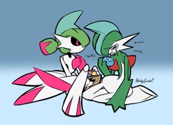 Size: 1200x864 | Tagged: safe, artist:sketchygarden, fictional species, gallade, iron valiant, robot, nintendo, pokémon, spoiler:pokémon gen 9, spoiler:pokémon scarlet and violet, basket, black sclera, blade arm, colored sclera, container, crying, duo, eating, future pokémon, genderless, gradient background, male, paradox pokémon, red eyes, signature, tears