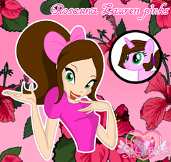 Size: 1006x952 | Tagged: safe, artist:muhammad yunus, oc, oc only, oc:rosanna lauren, equine, fictional species, human, mammal, pony, unicorn, feral, friendship is magic, hasbro, my little pony, anime, bow, brown hair, female, flower, flower background, green eyes, hair, hair bow, happy, looking at you, mare, open mouth, open smile, pink background, plant, ponytail, simple background, smiling, smiling at you, solo, solo female, text, watermark, winx club