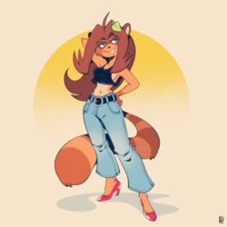 Size: 1200x1200 | Tagged: safe, artist:fox-popvli, oc, oc only, canine, mammal, raccoon dog, anthro, belly button, black tank top, breasts, brown body, brown fur, clothes, crop top, female, fur, hair, heels, jeans, leaf, leaf on head, long hair, midriff, pants, sideboob, solo, solo female, striped tail, stripes, tail, tank top, topwear, very long hair